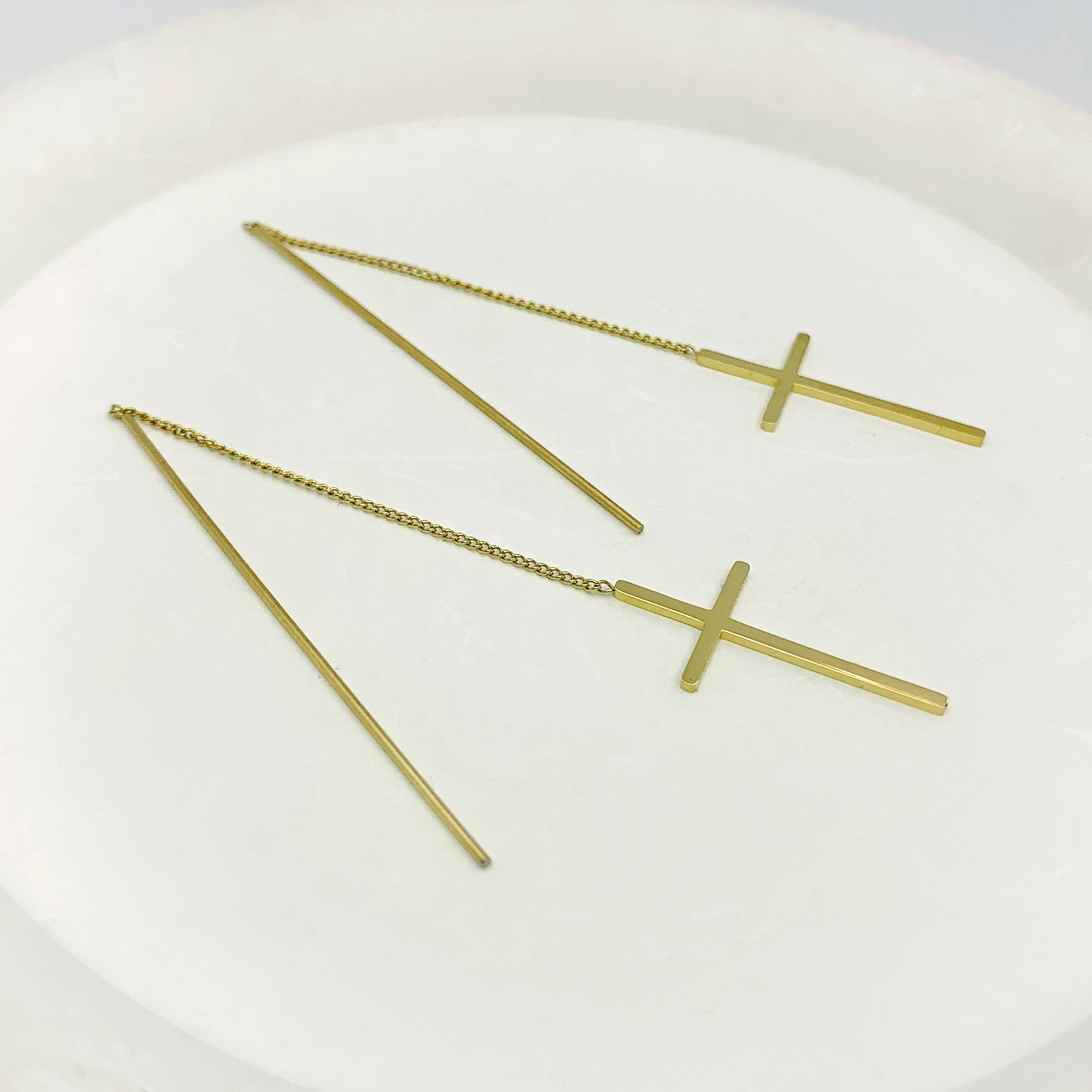 Golden Cross Threader Earrings